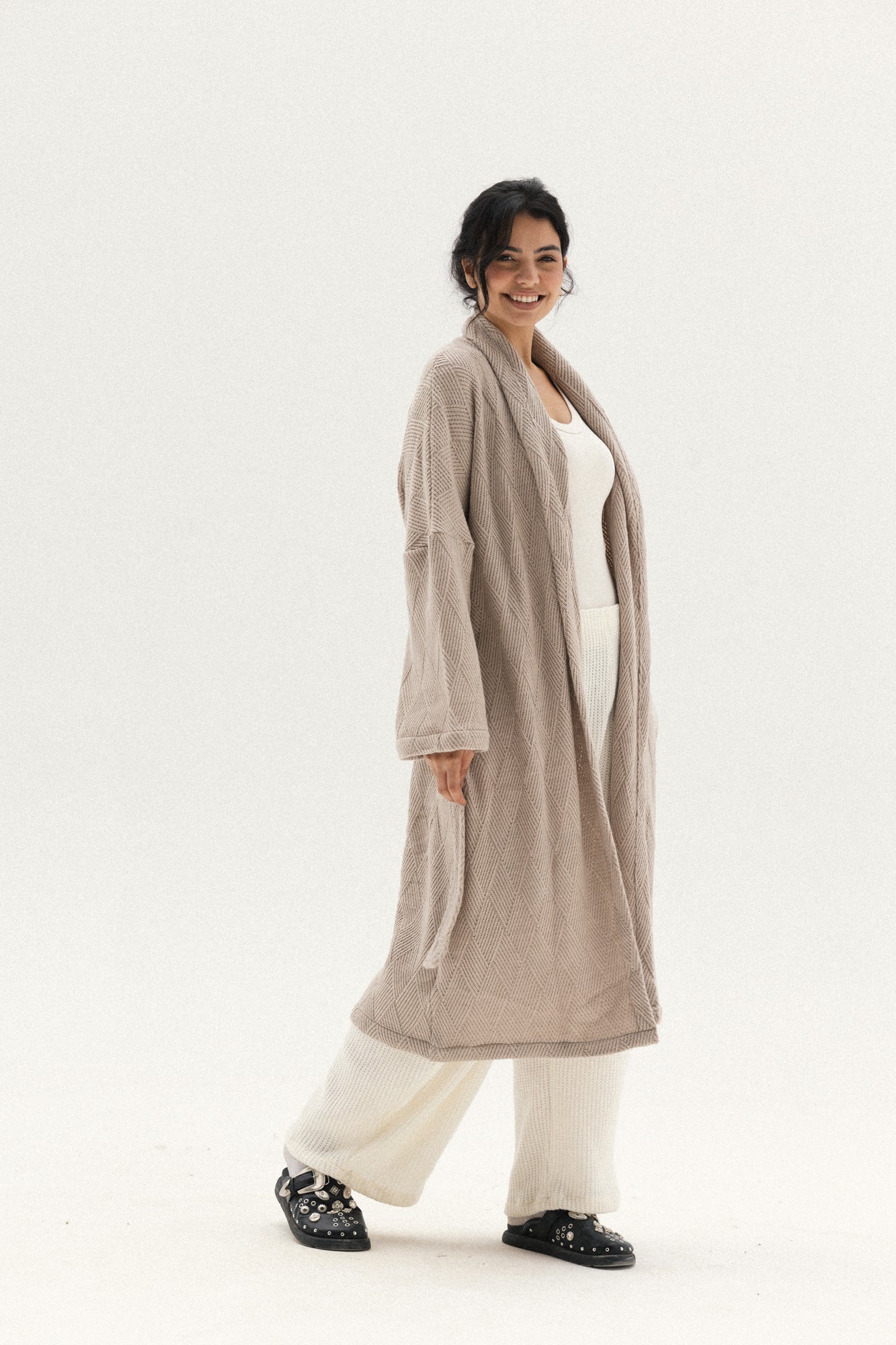 Knitted Cross-lines Kimono In Cafe