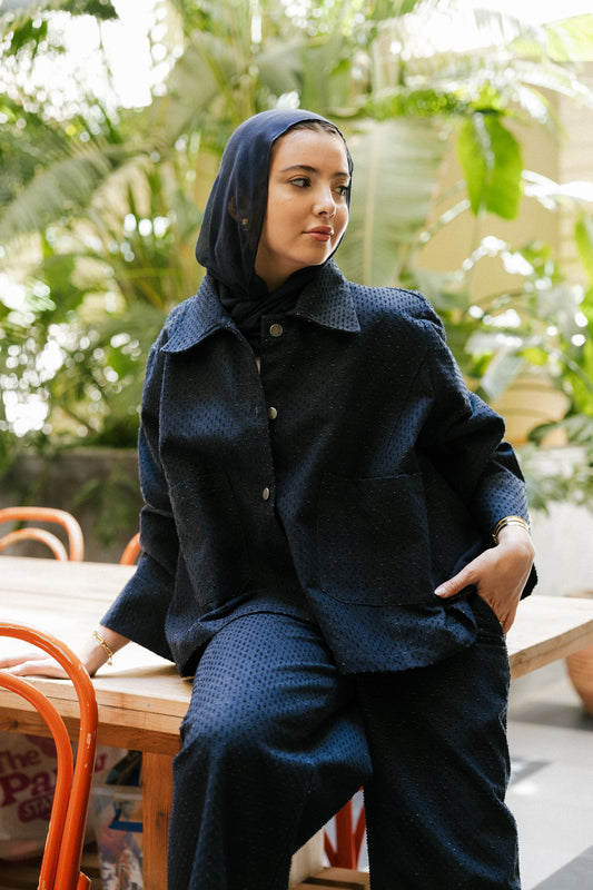 Dots denim set in navy blue