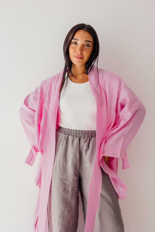 Short Double Collar Kimono in Pink