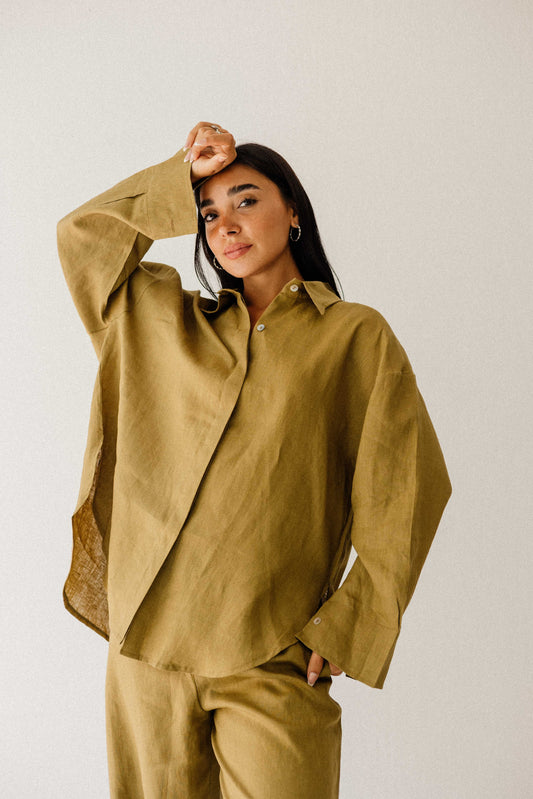 Daily Linen Shirt In Dark-limegreen