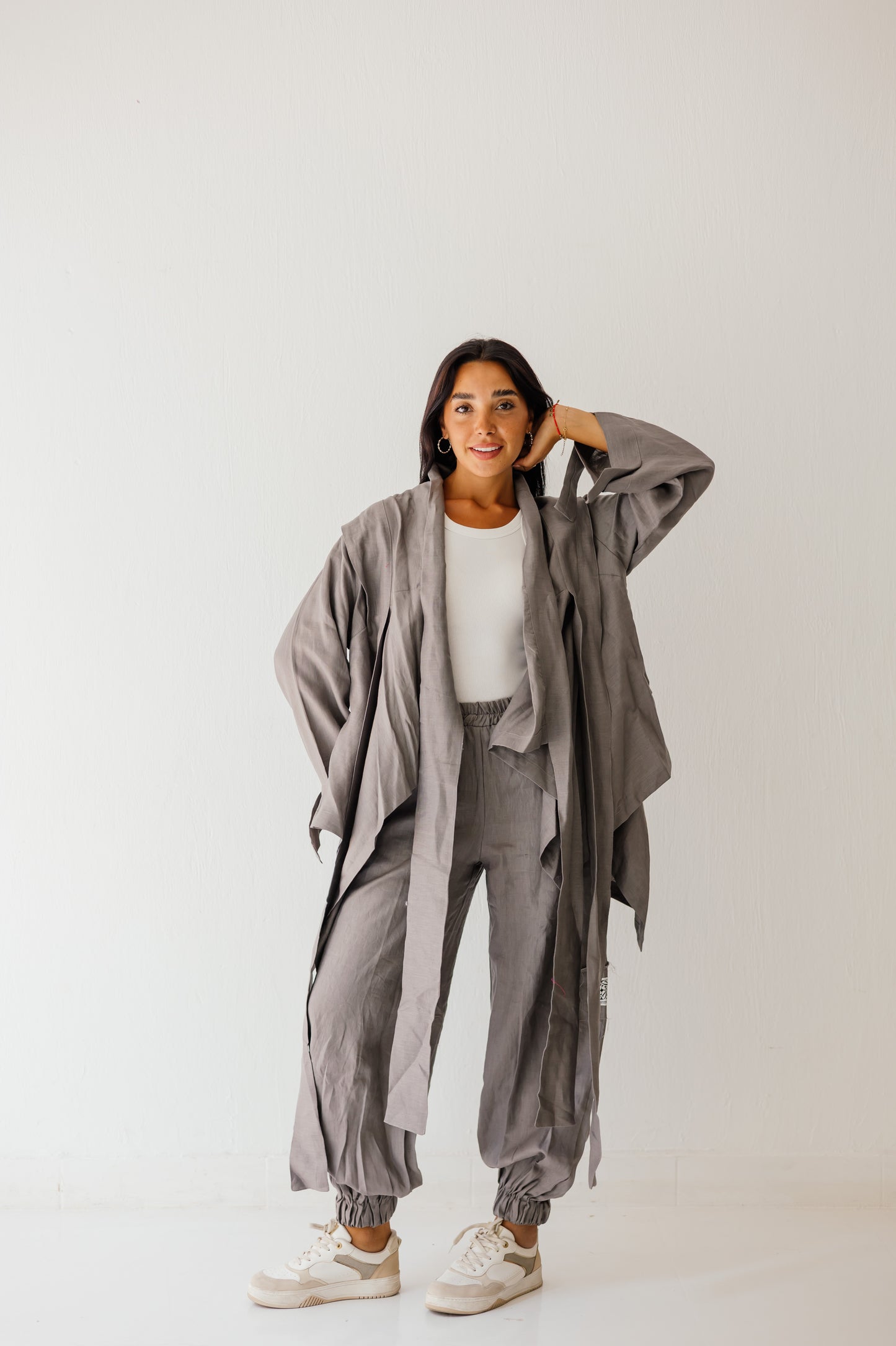 Short Double Collar Kimono In Grey