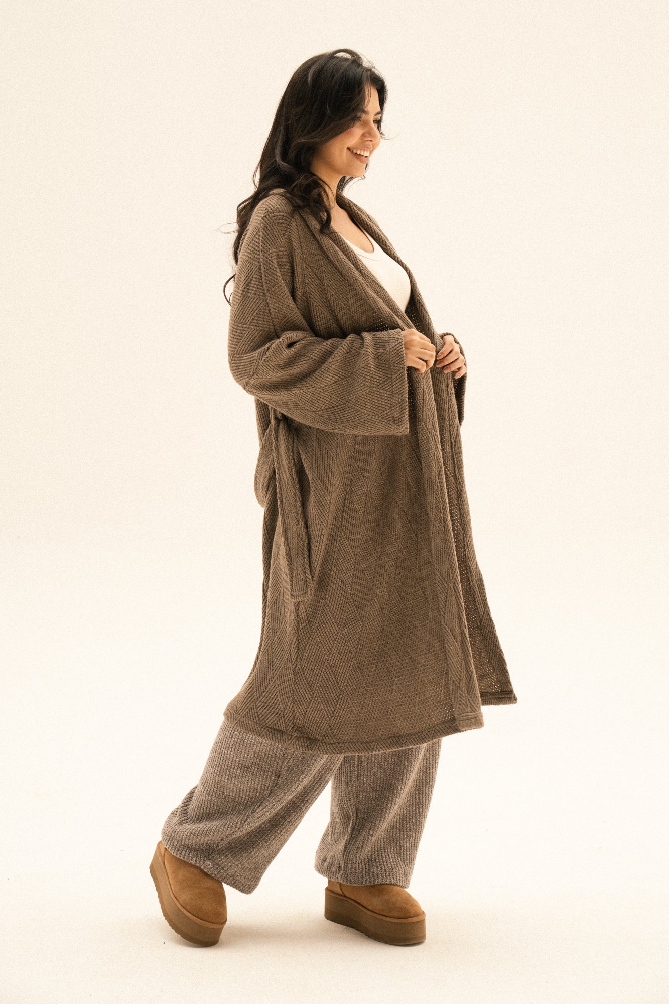 Knitted Cross-lines Kimono In Dark cafe