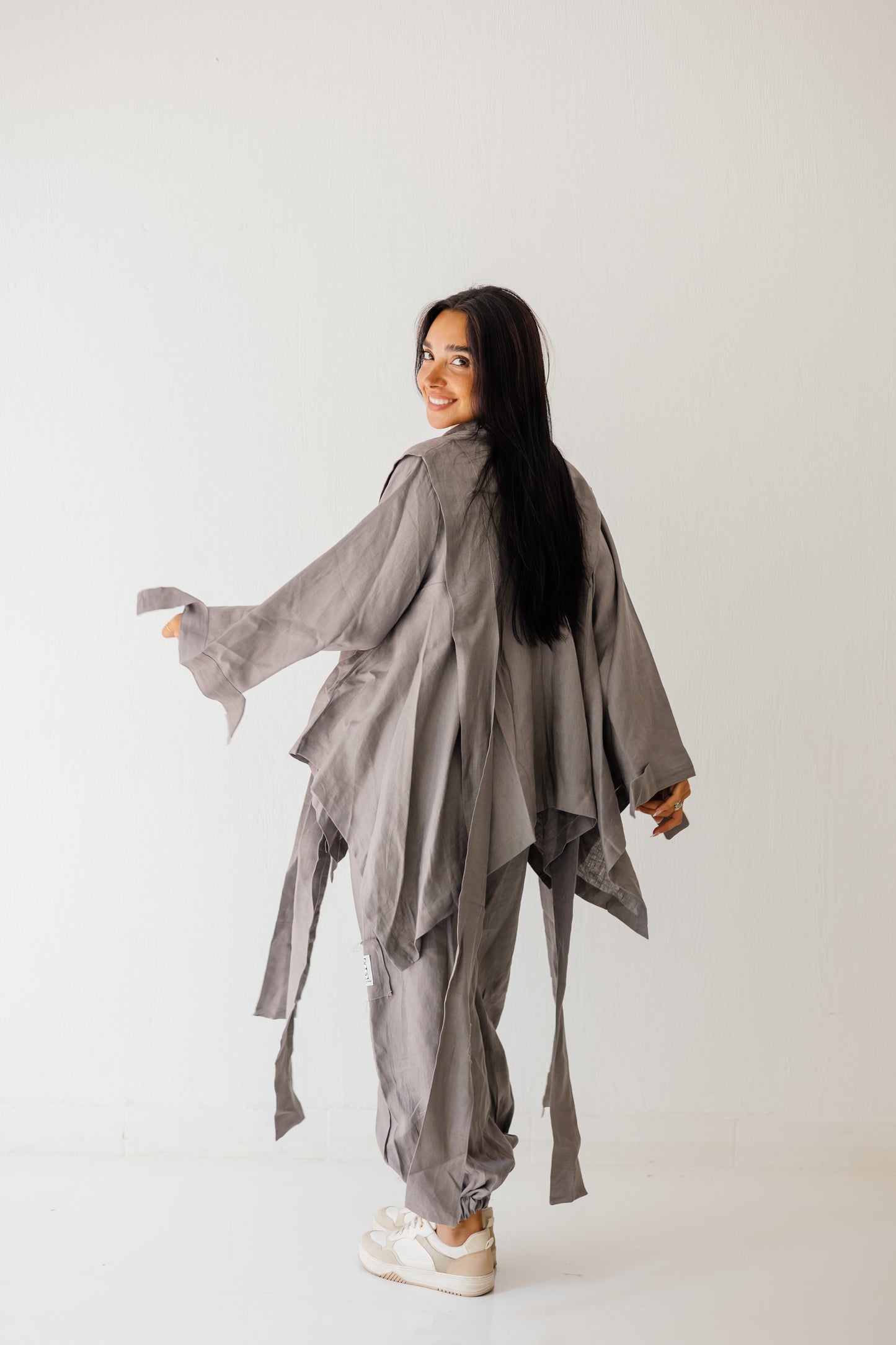 Short Double Collar Kimono In Grey