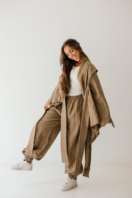 Short Double Collar Kimono In Light Brown