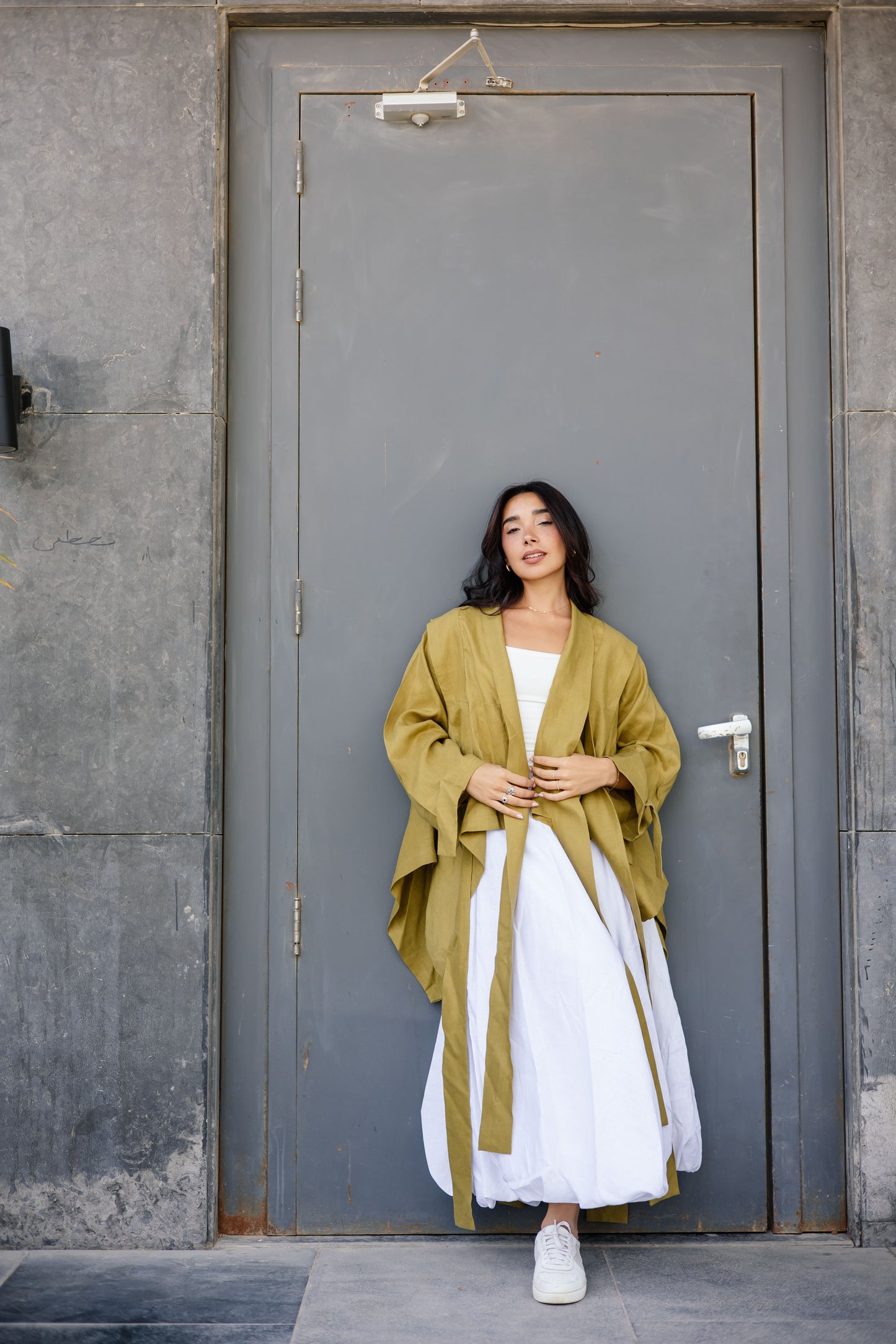 Short Double Collar Kimono In Dark Lime-green