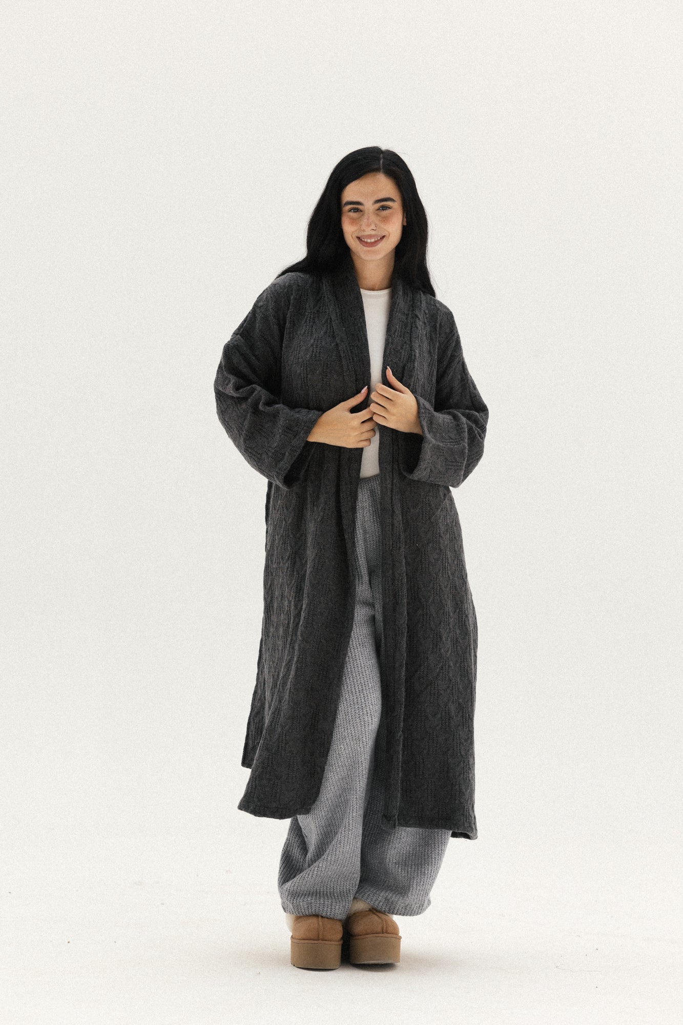 Knitted Braided Kimono In Dark-grey