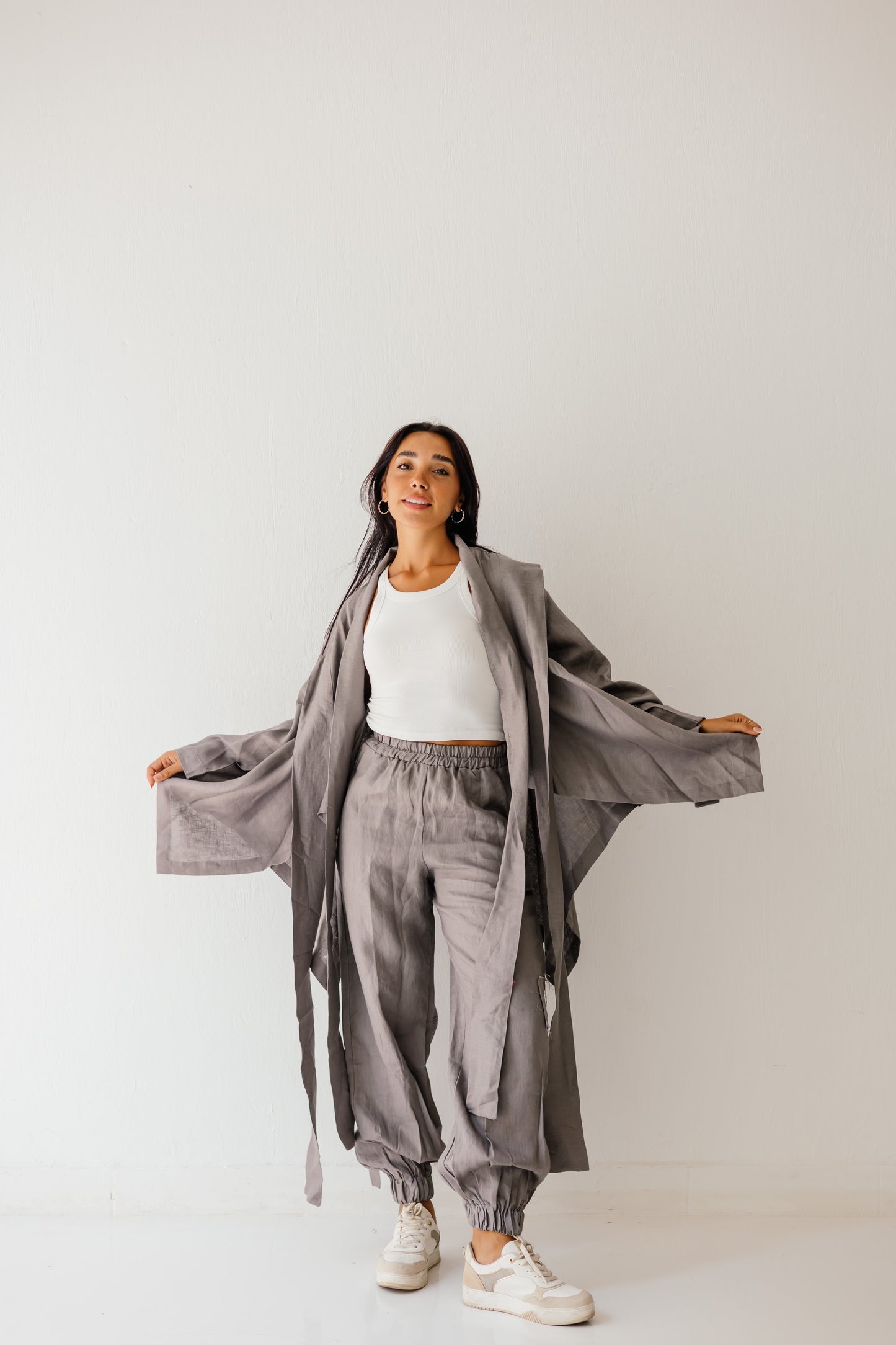 Short Double Collar Kimono In Grey