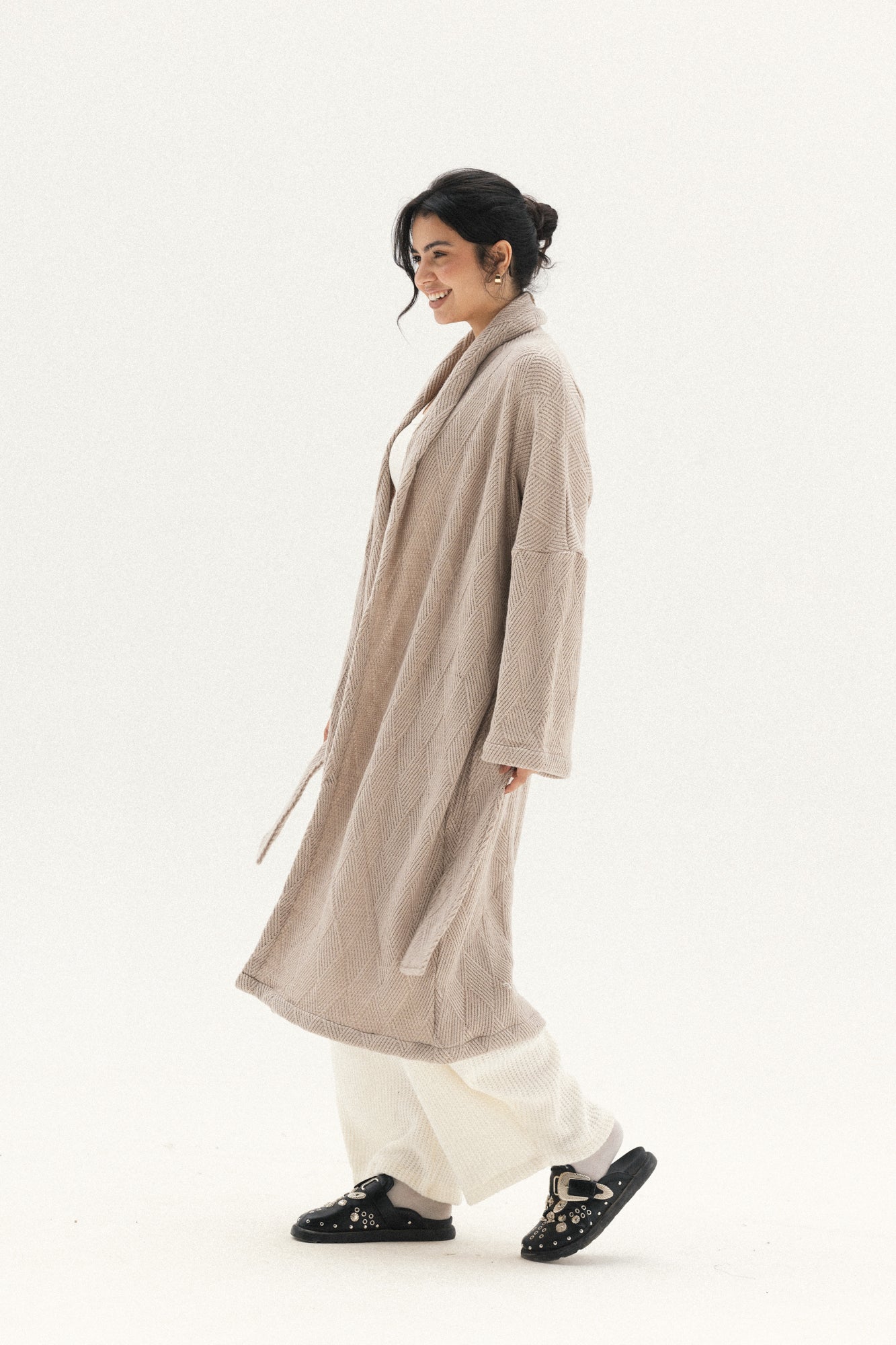 Knitted Cross-lines Kimono In Cafe