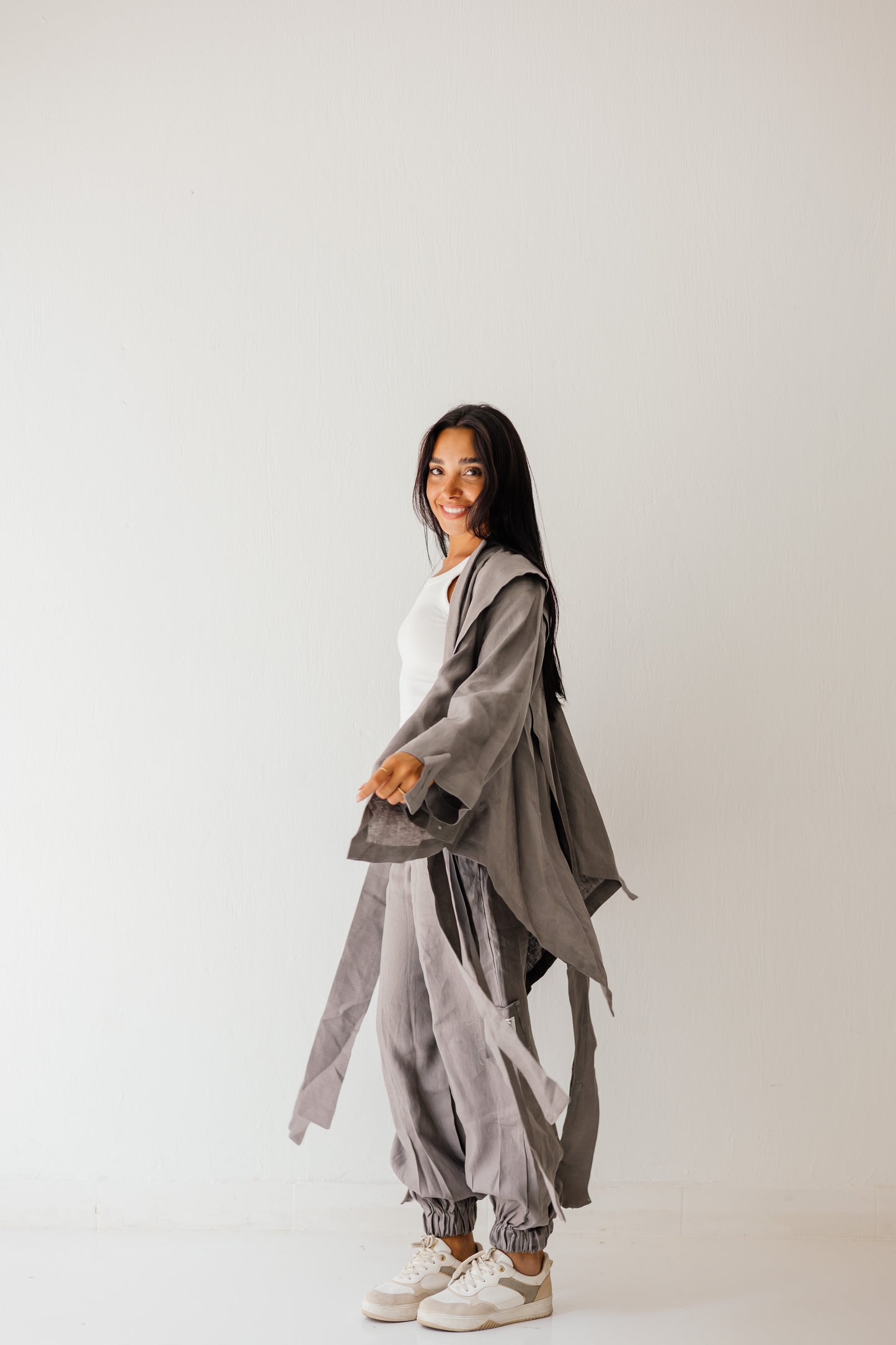 Short Double Collar Kimono In Grey