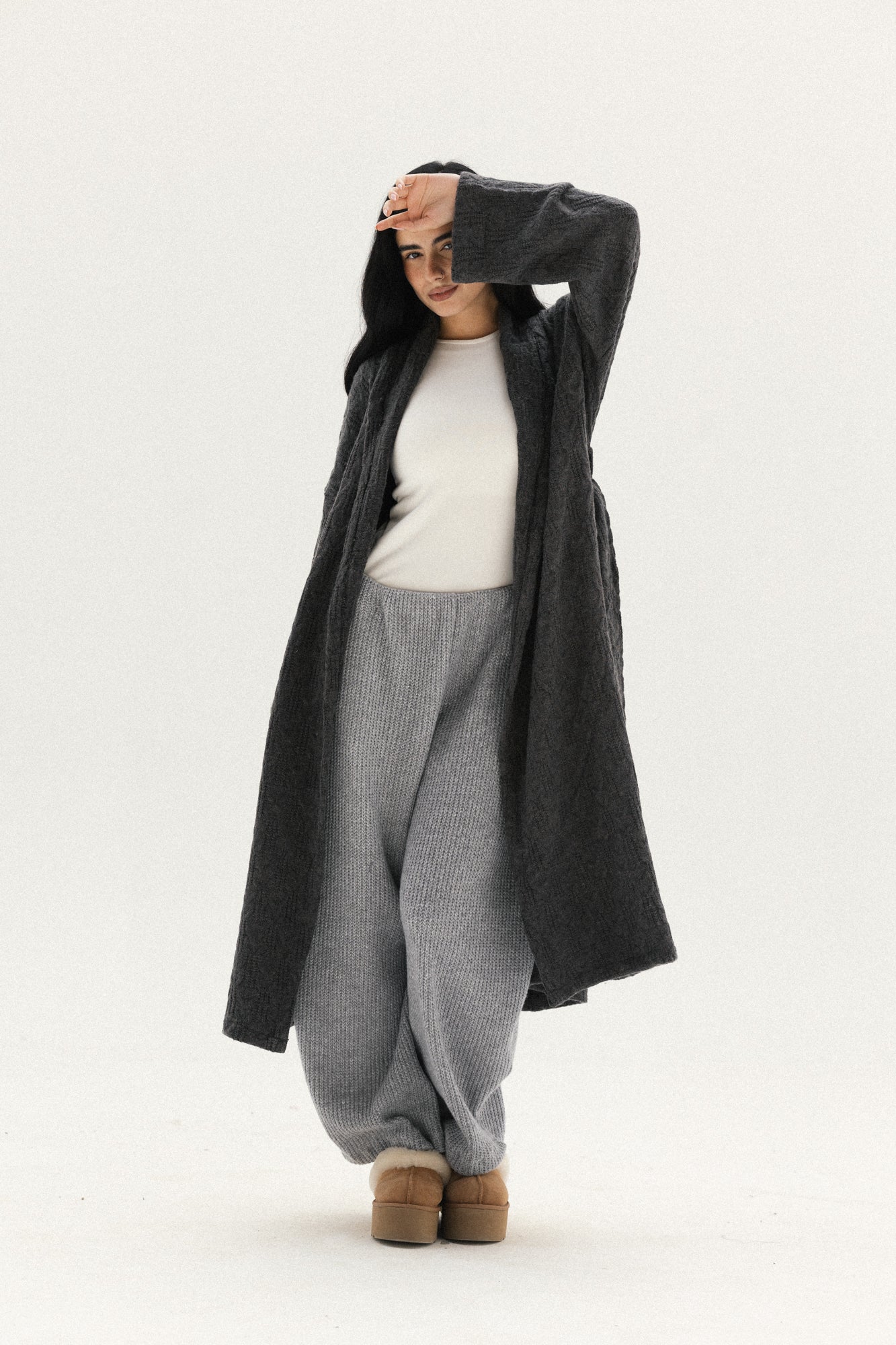 Knitted Braided Kimono In Dark-grey