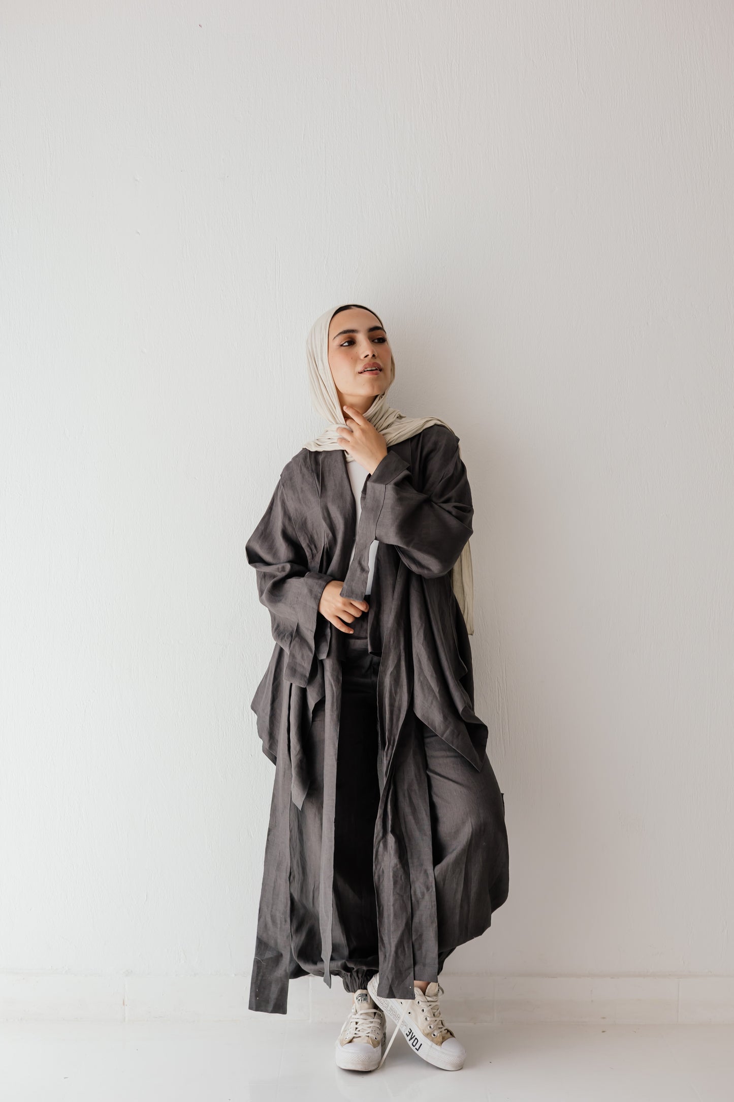 Short Double Collar Kimono In Dark-grey