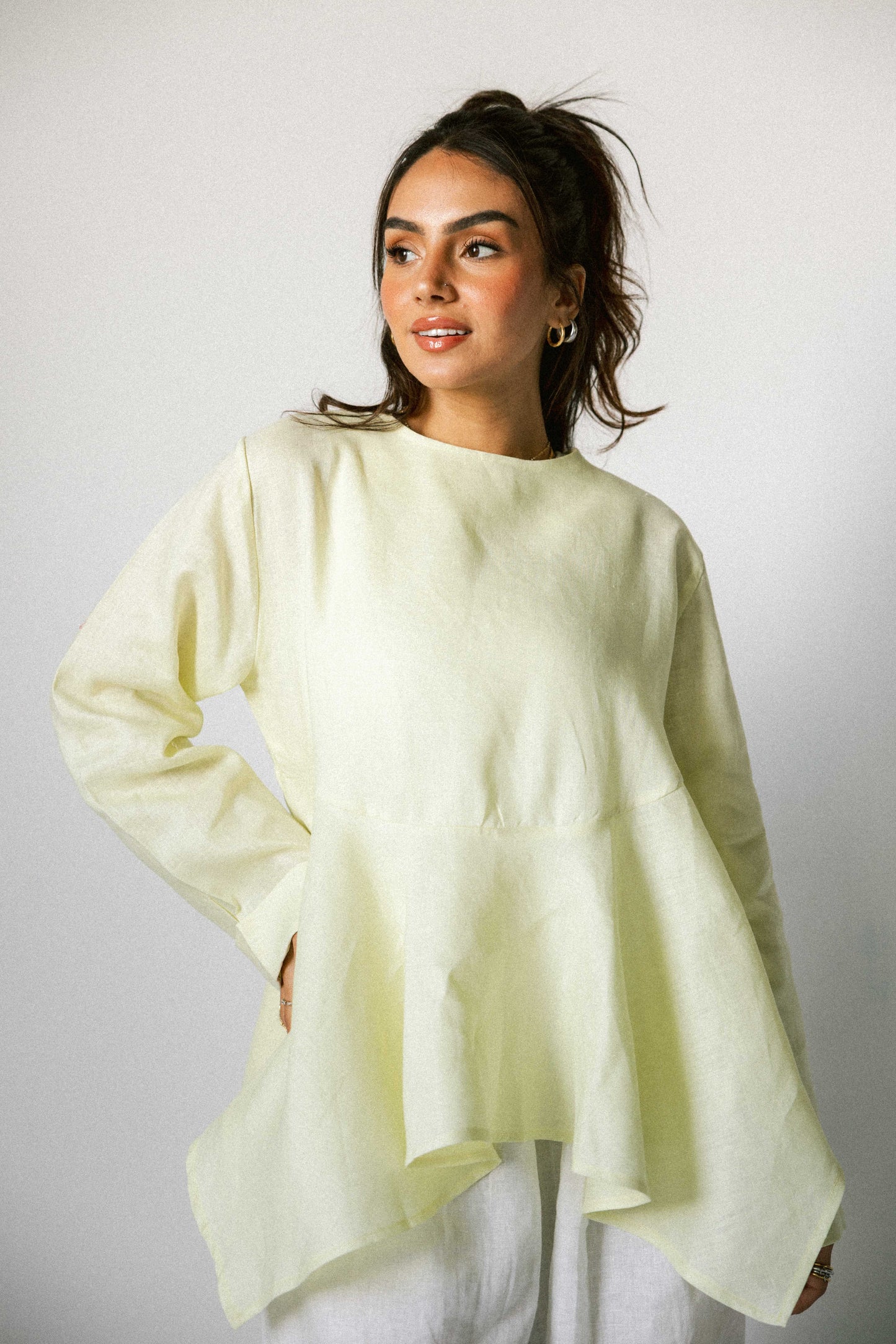Ruffeled linen top in butter yellow