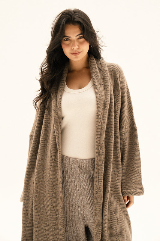Knitted Cross-lines Kimono In Dark cafe