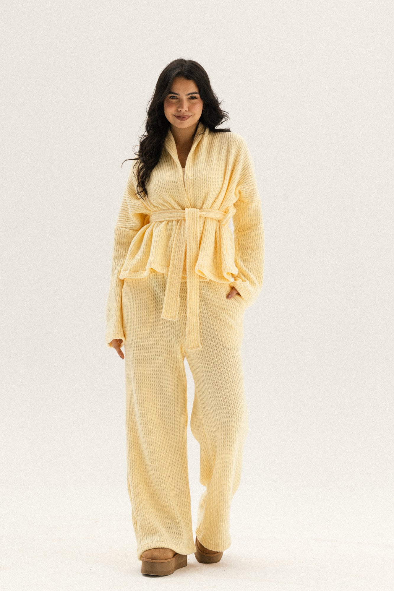 Short Kimono Knitted set In Butter Yellow