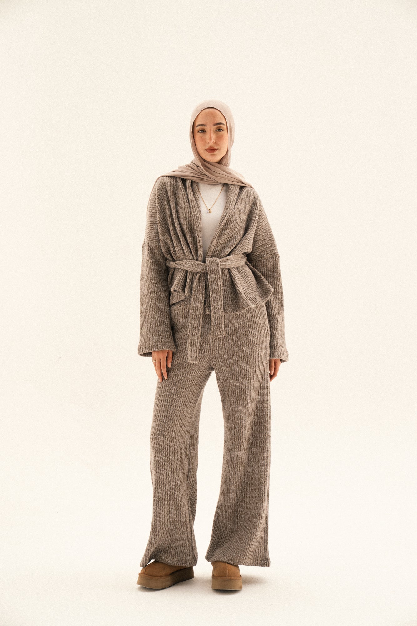 Short Kimono Knitted Set In Dark-cafe