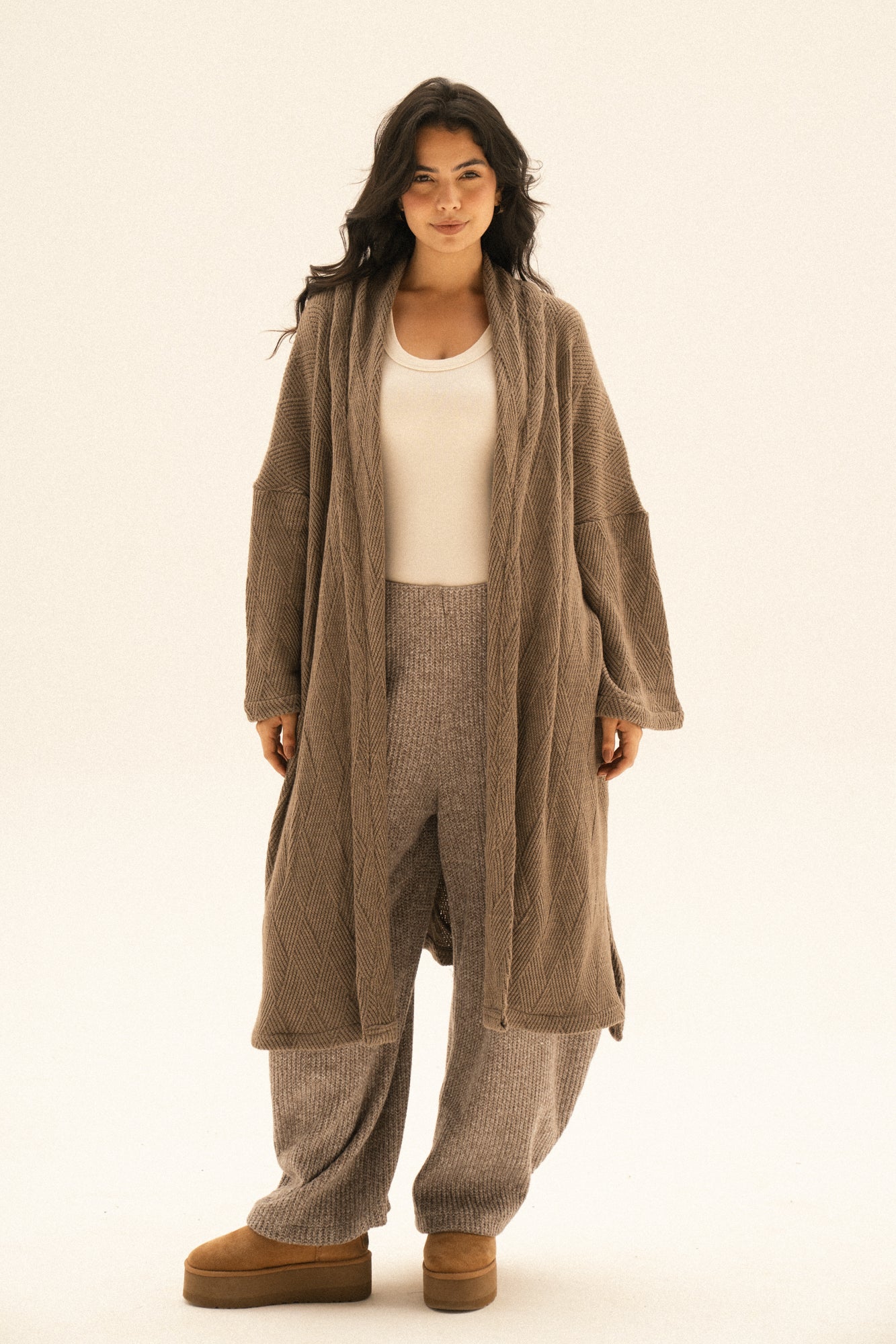 Knitted Cross-lines Kimono In Dark cafe