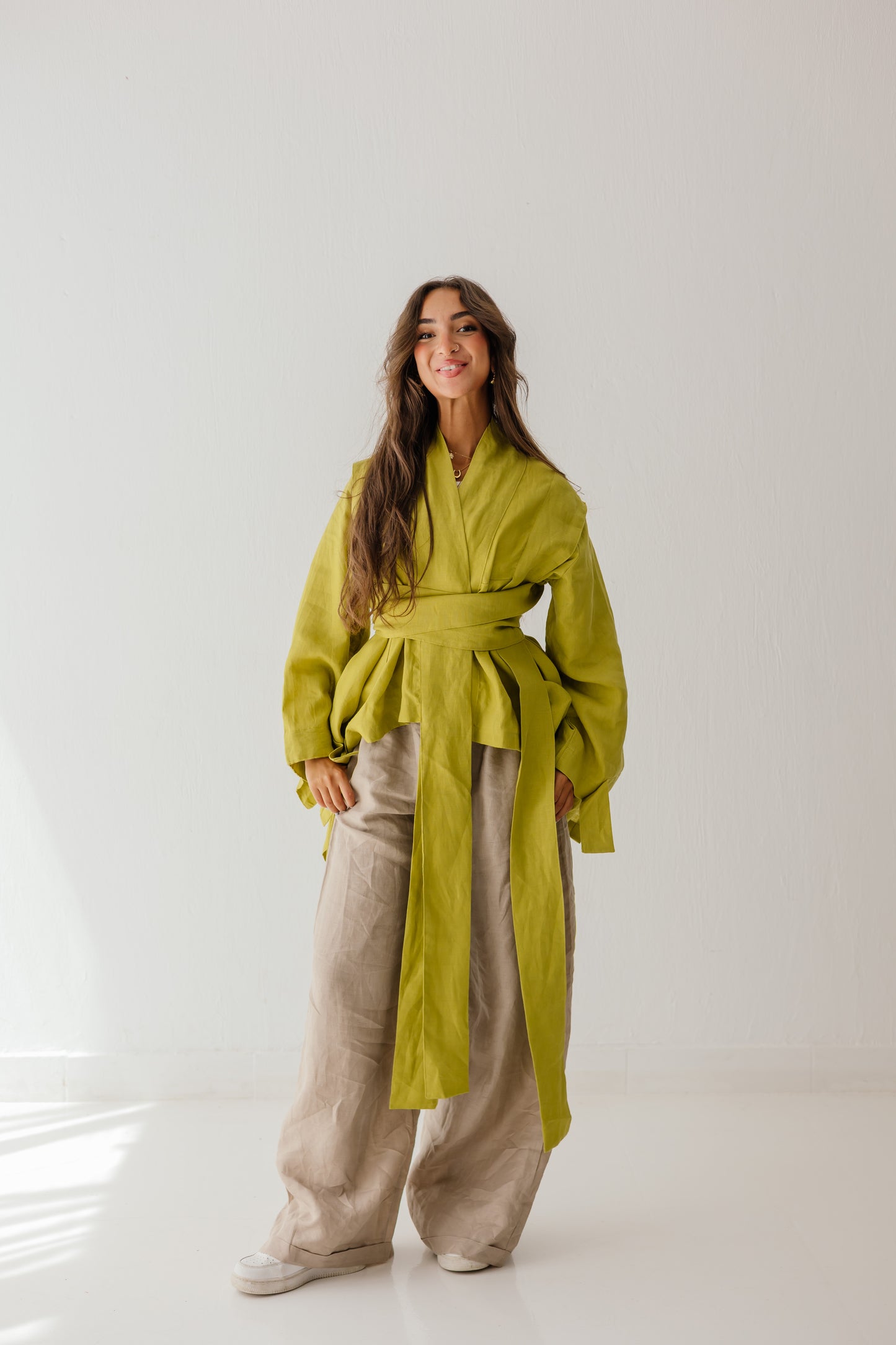 Short Double Collar Kimono In Lime-green