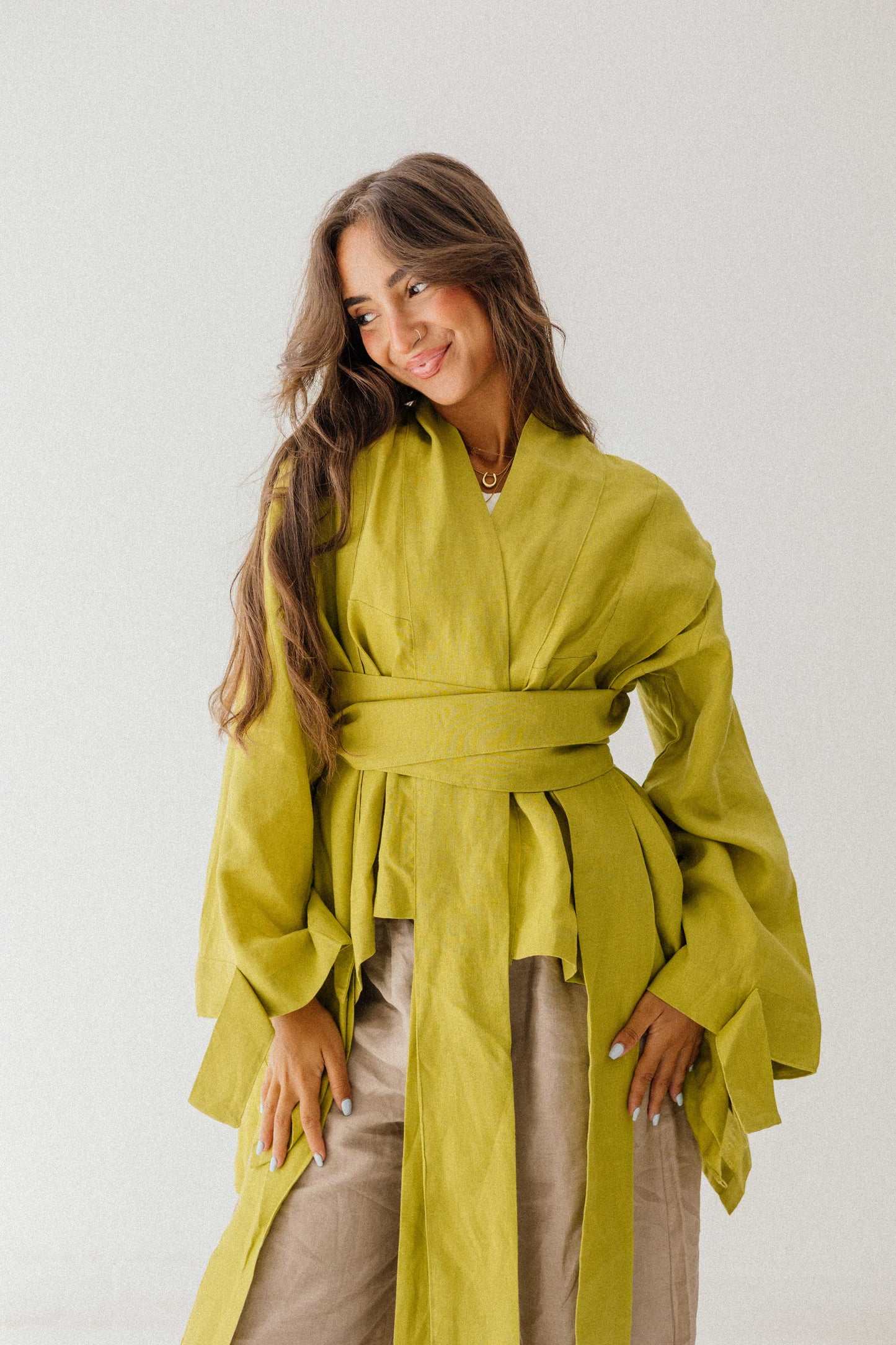 Short Double Collar Kimono In Lime-green