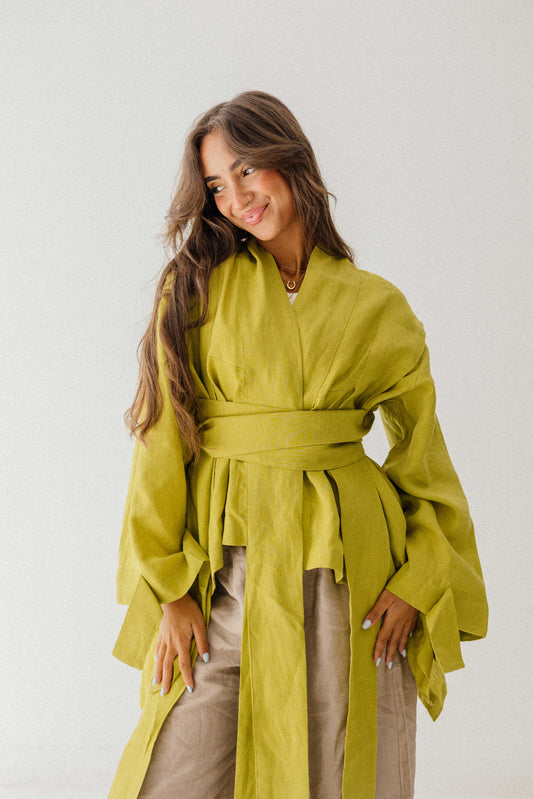 Short Double Collar Kimono In Lime-green