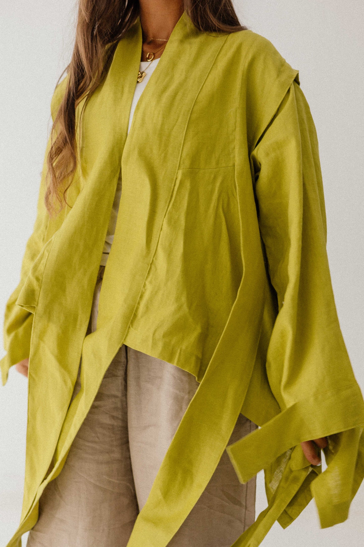 Short Double Collar Kimono In Lime-green
