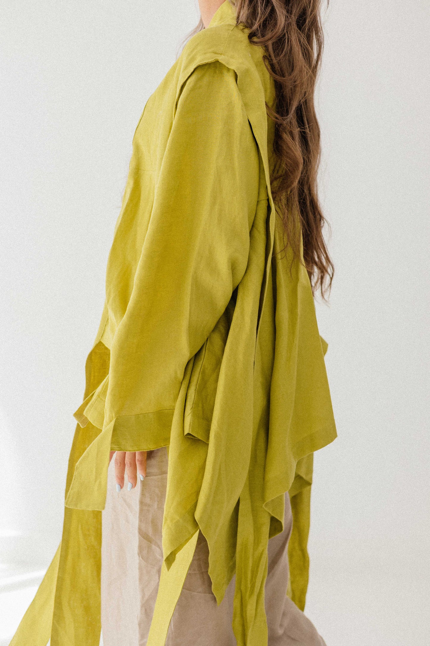 Short Double Collar Kimono In Lime-green