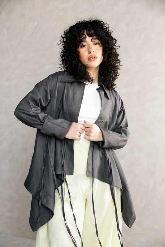 Double fringes kimono in dark grey