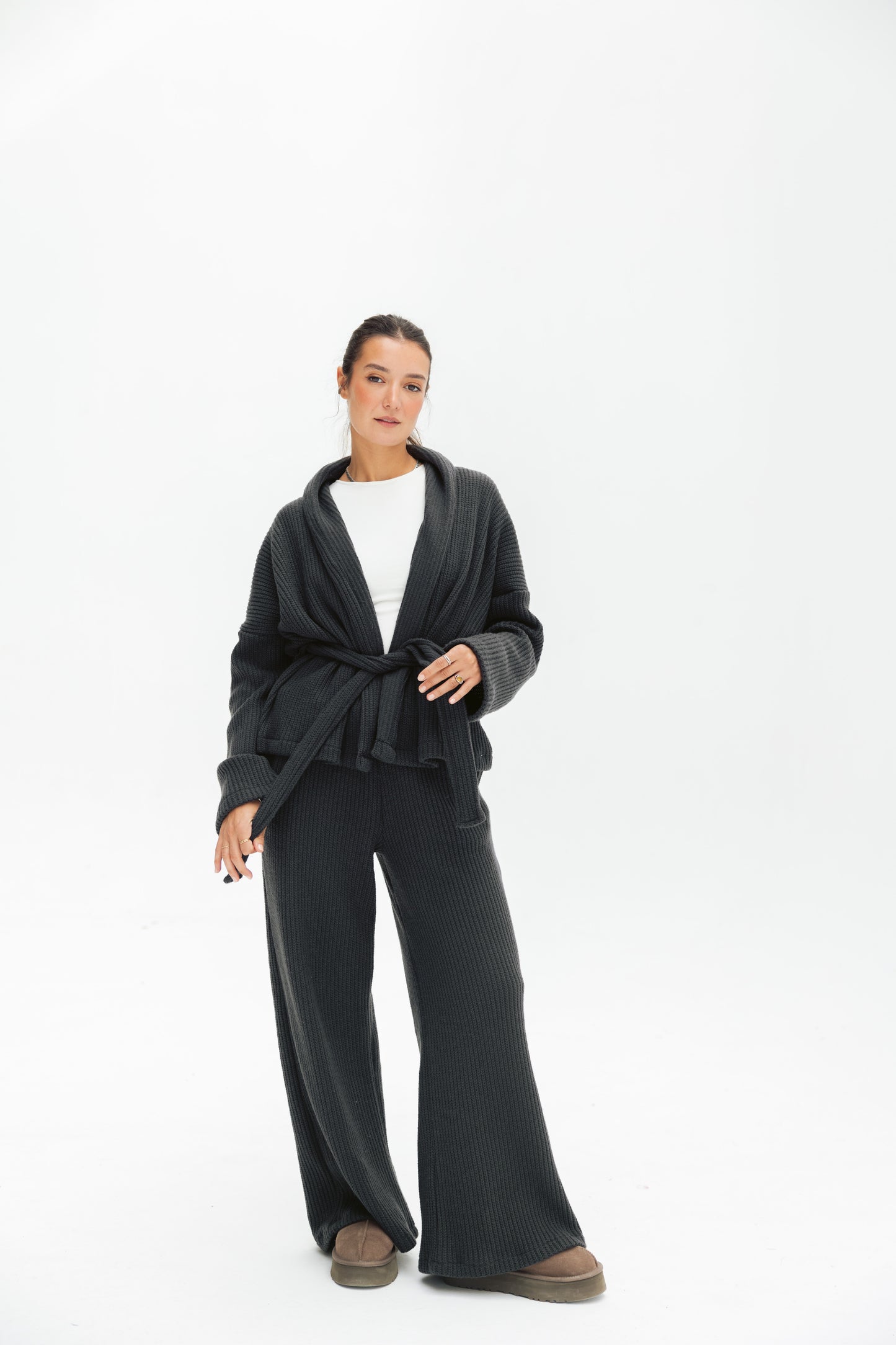 Short Kimono Knitted Set In Dark-grey