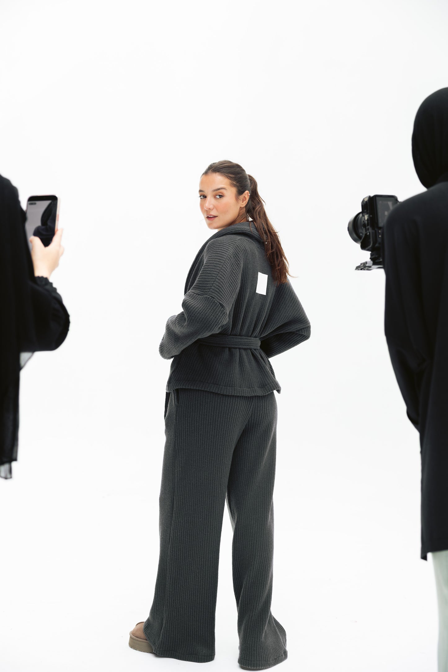 Short Kimono Knitted Set In Dark-grey