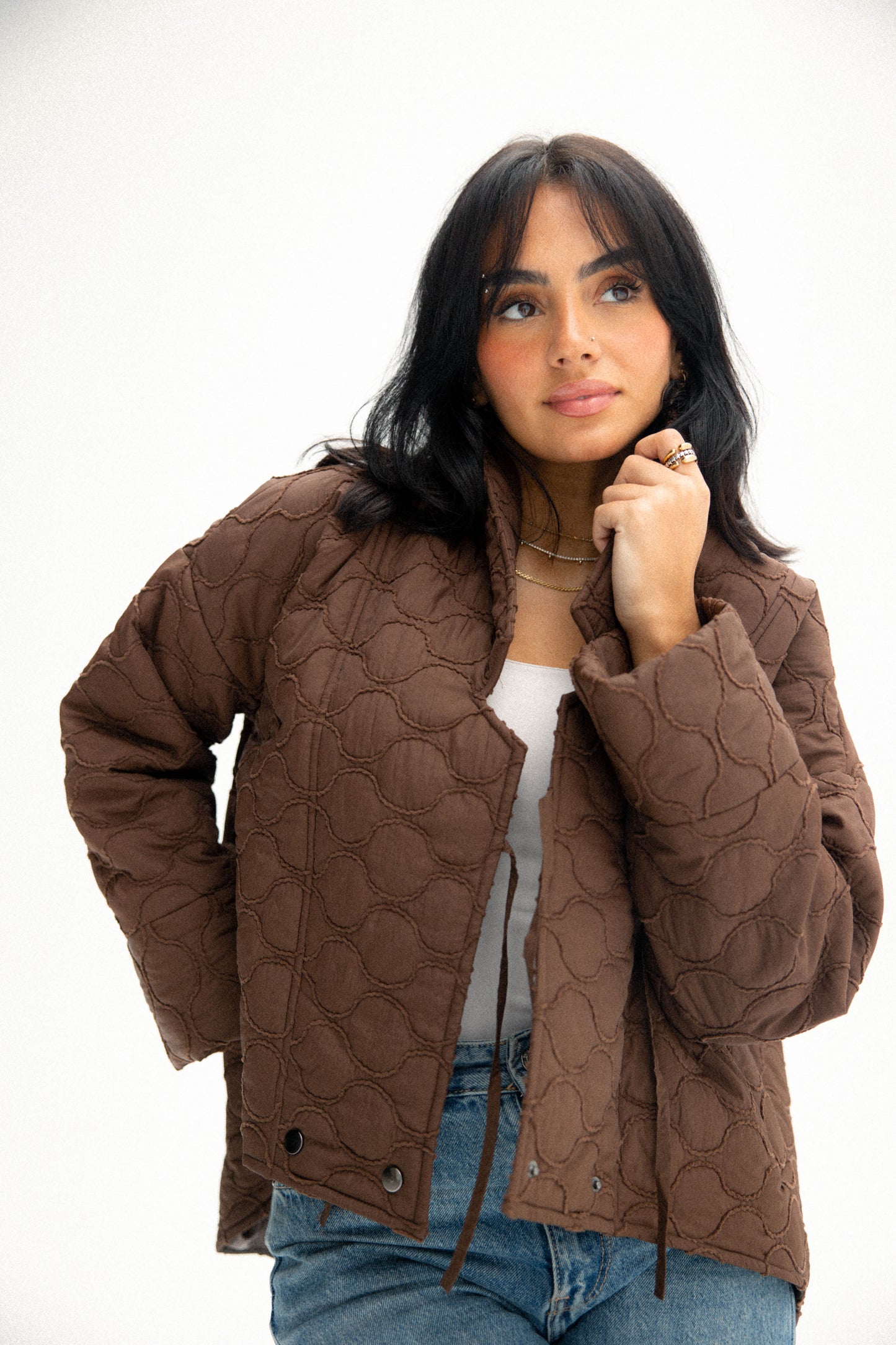 Collar puffer jacket in brown