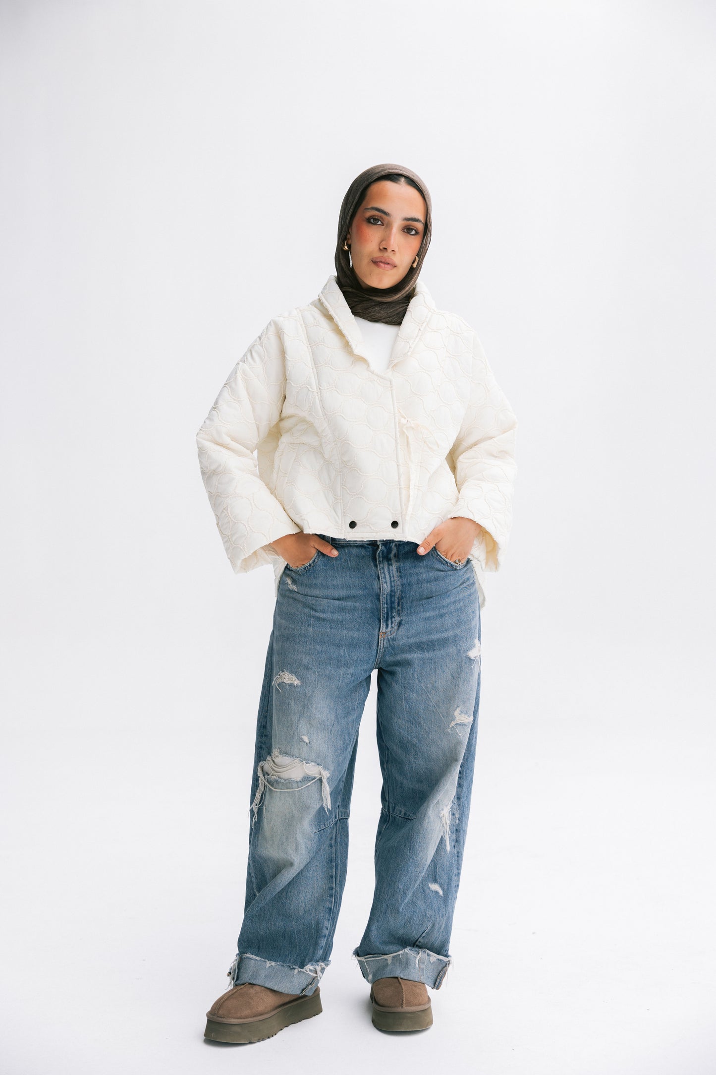 Collar puffer jacket in off-white