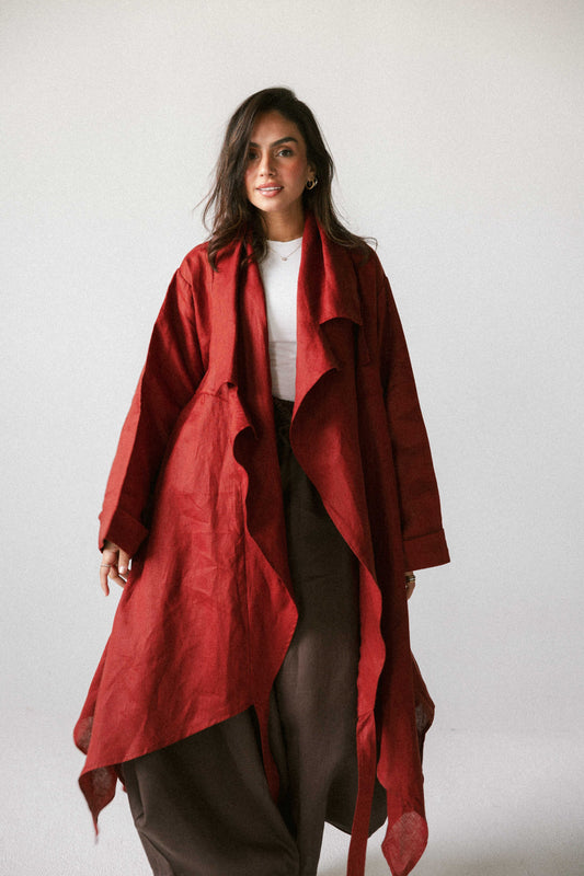 High-low kimono in burnt red