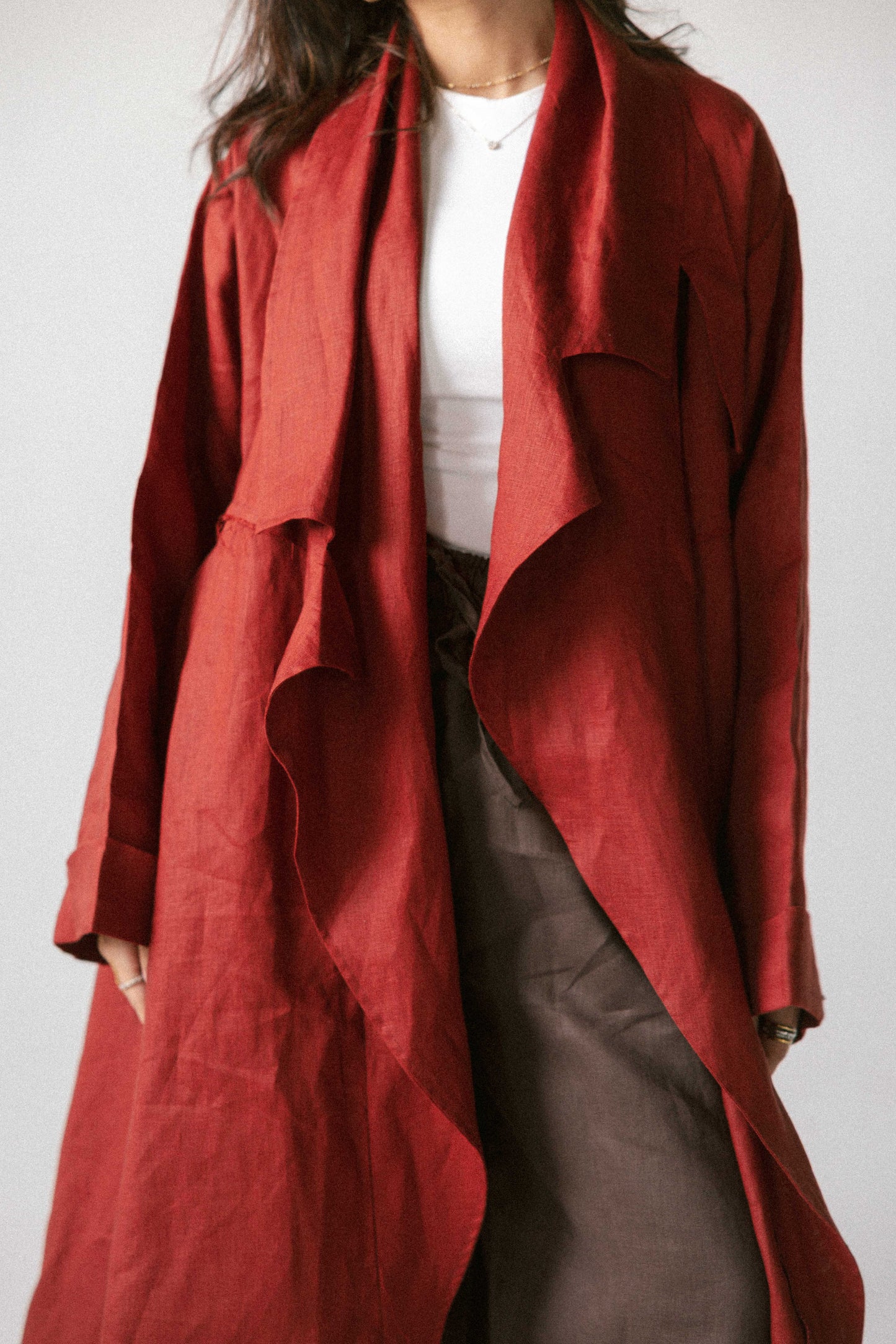 High-low kimono in burnet red