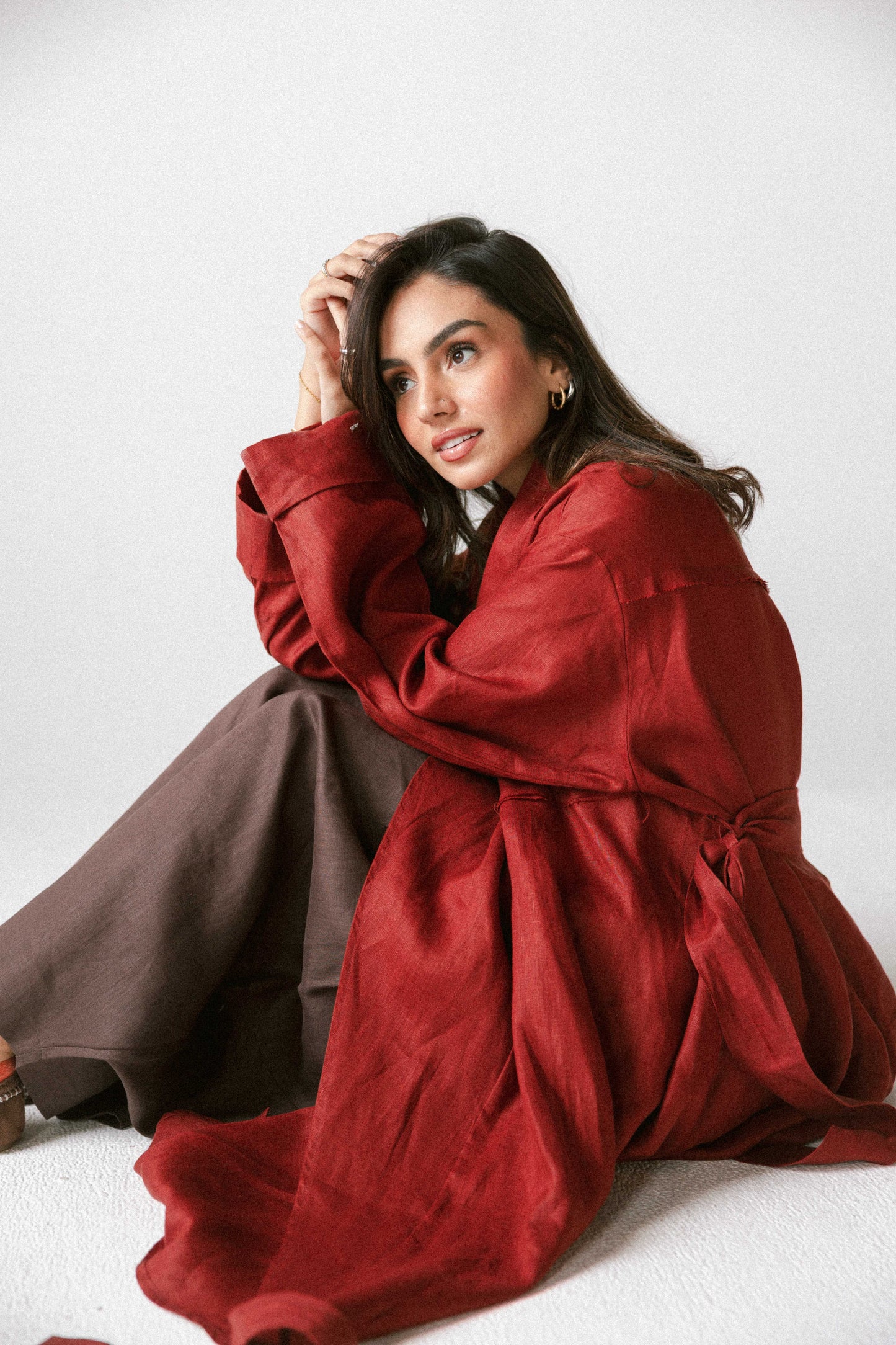 High-low kimono in burnet red